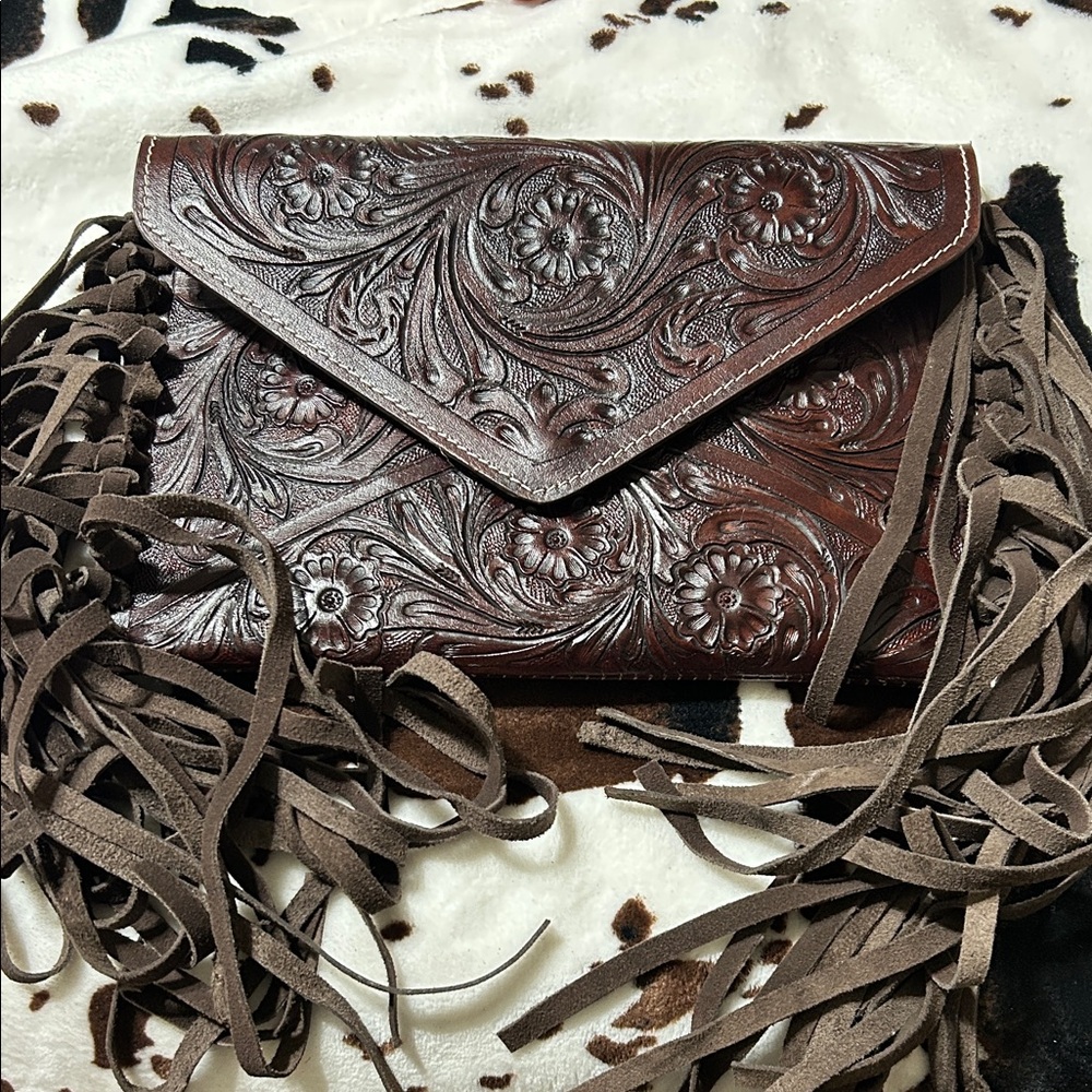 Brown Embossed Leather Fringe Clutch